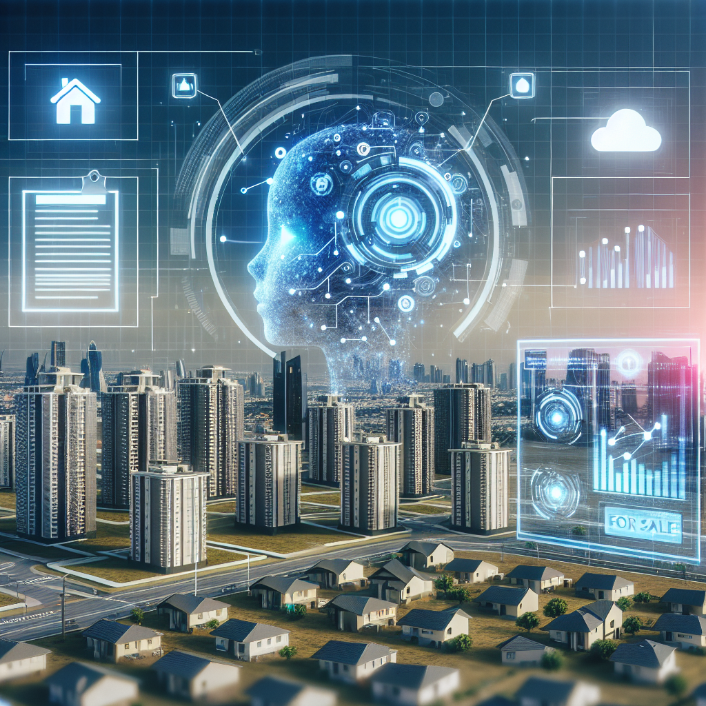 "AI technology transforming the real estate market: Illustration depicting real estate agents using AI tools for property analysis and virtual tours in a digital landscape."