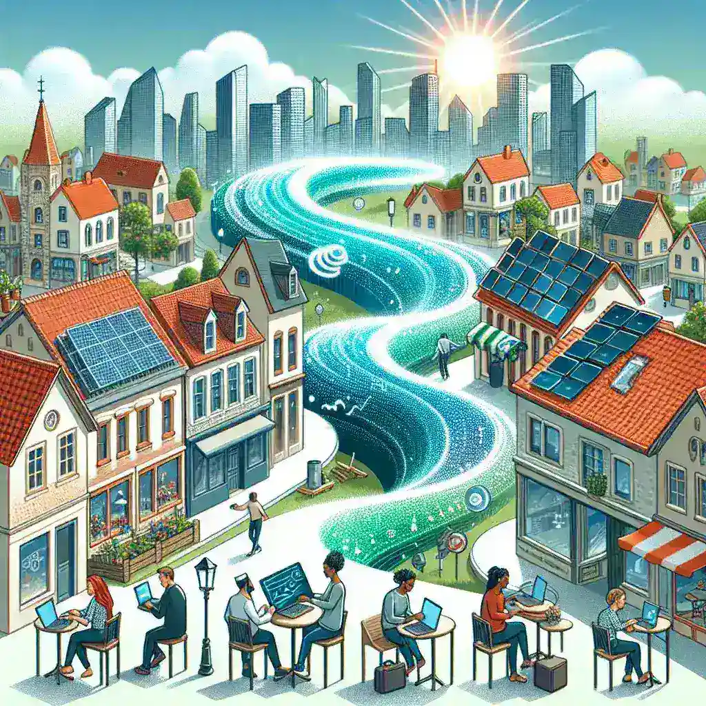 "Young IT professionals collaborating on digital infrastructure projects in a modern coworking space, highlighting the importance of upskilling and attracting tech talent to smaller cities."