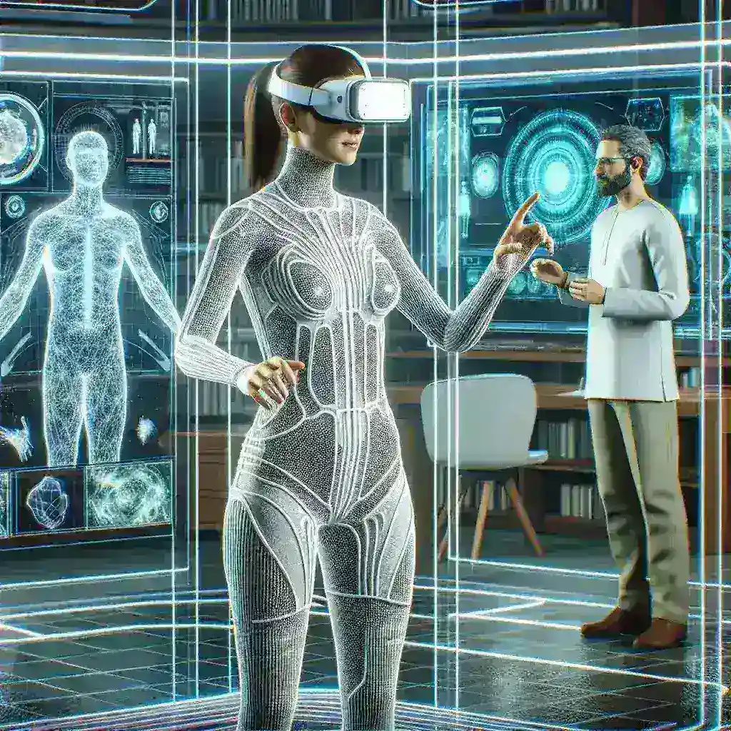 "Close-up of a user wearing a haptic feedback suit, experiencing tactile sensations while interacting with a virtual reality environment, illustrating the immersive technology of haptic suits in gaming and simulation."