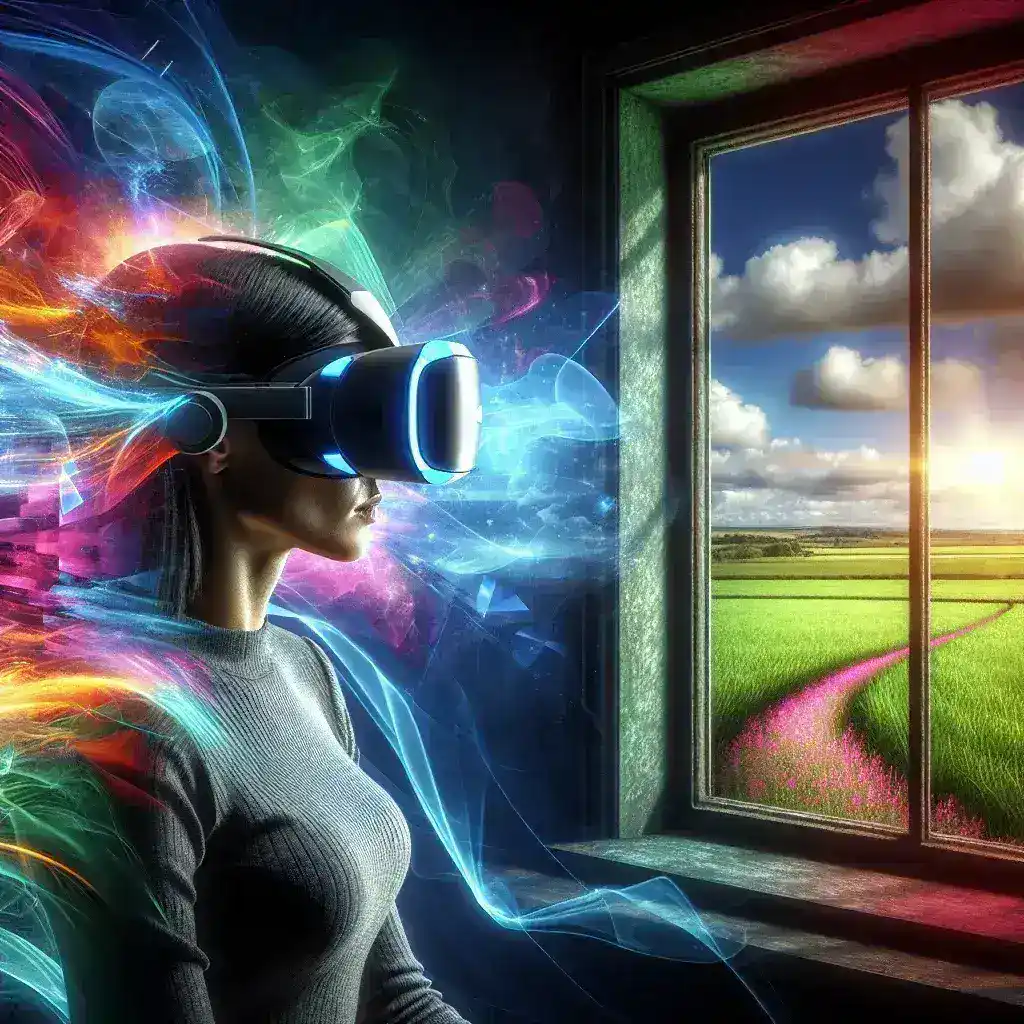 "Immersive technology experience showcasing virtual reality headset user engaging in a digital environment, symbolizing the balance between immersive experiences and real-world connections."