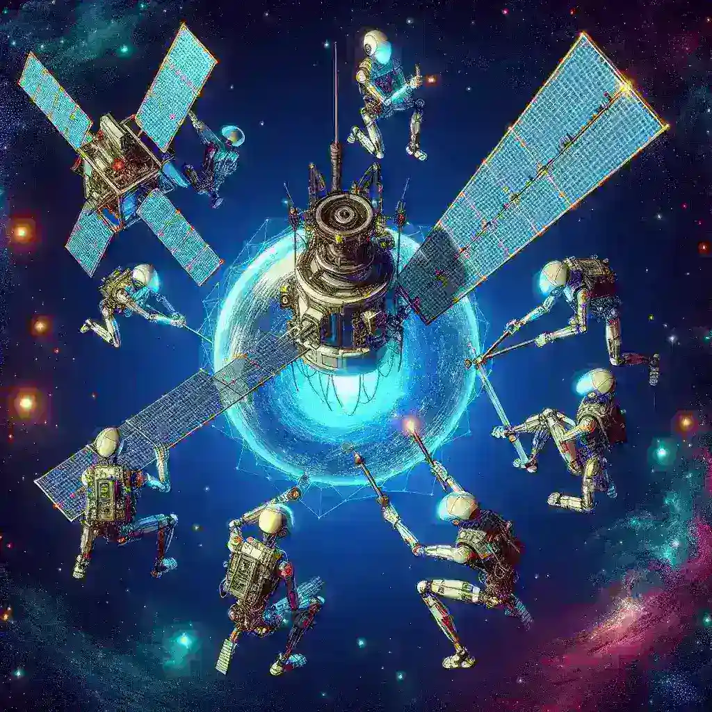 "AI robotics constructing advanced orbital debris shields around satellites to enhance space safety and protect against collisions in low Earth orbit."